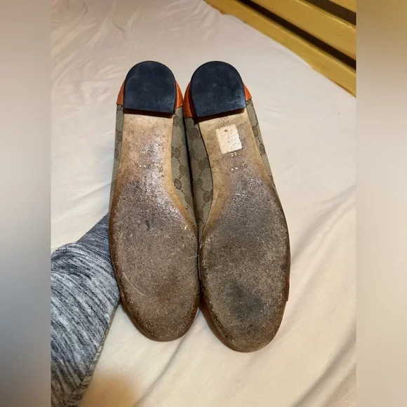 Gucci Beige/Orange GG Canvas And Leather Horsebit Ballet Flats US size 9 - Picture 5 of 7